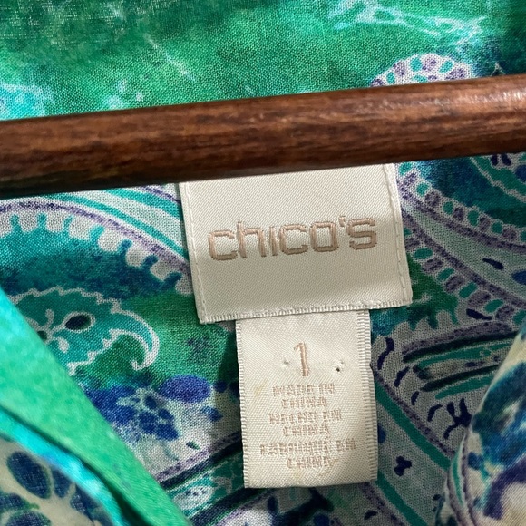 Chico's Blue and Green Patterned button down cotton Blouse - Picture 5 of 7